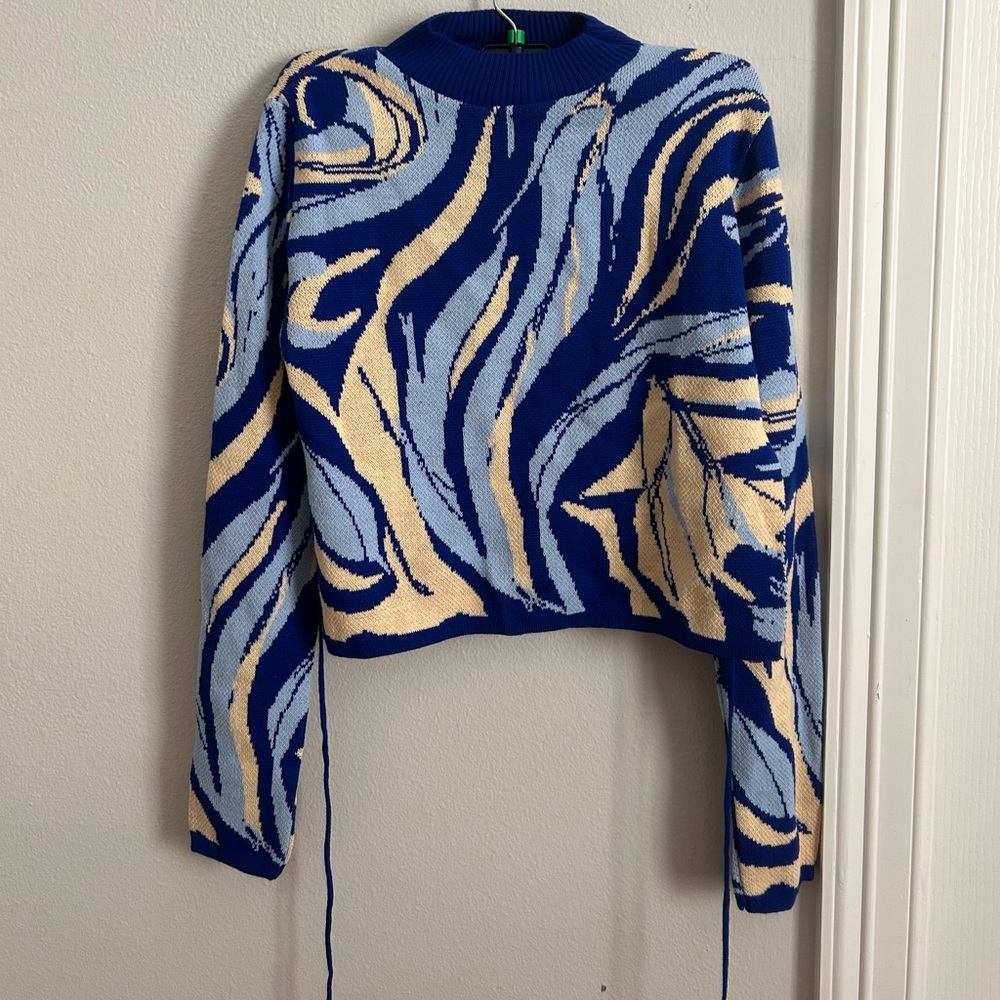 Blue and Beige Patterned Women's Sweater